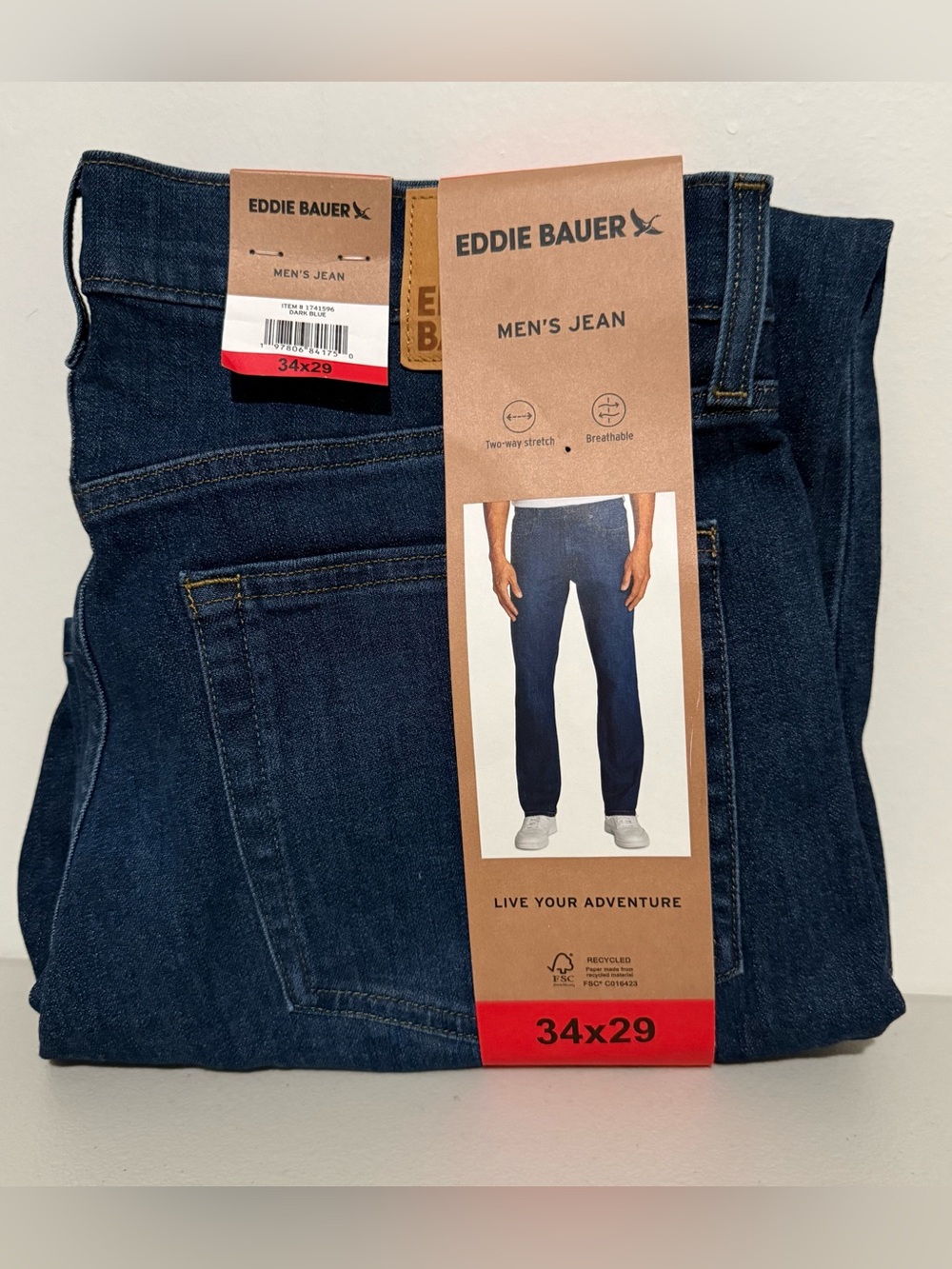 Eddie Bauer Men’s Regular Fit Stretch Jean Dark Blue, Size 34 X 29